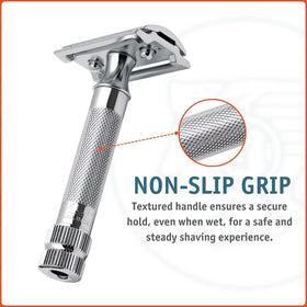 Merkur on bathroom vanity styled for traditional shaving routine and elegance