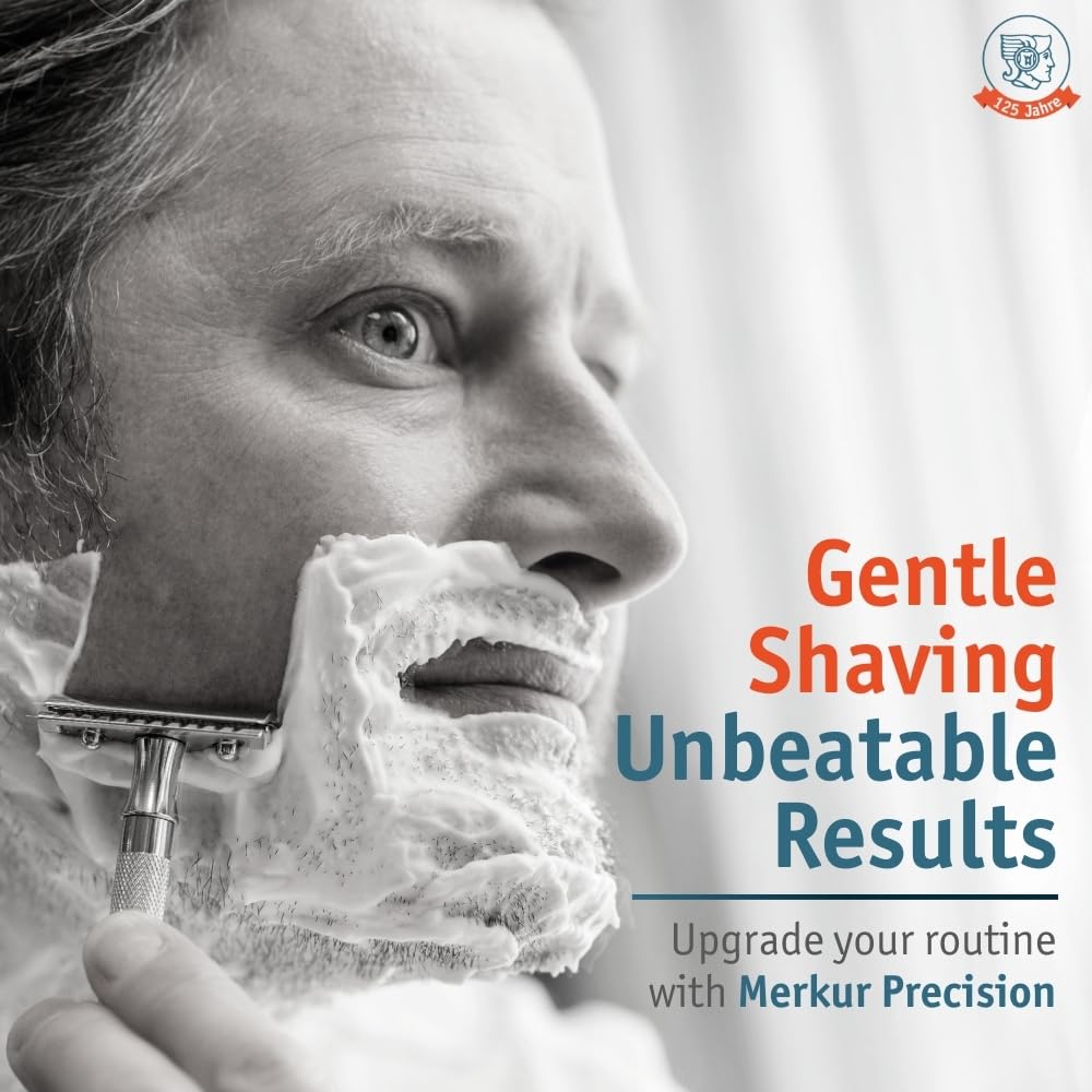 MERKUR pack with 30 blades beside a razor showing long-term supply benefit