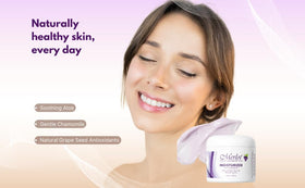 Merlot moisturizer on bathroom counter in morning routine for smooth primed skin