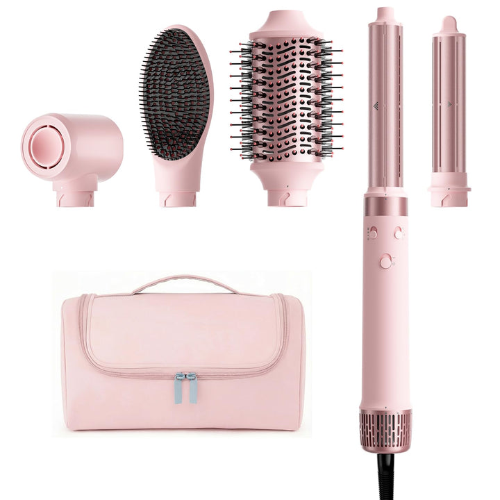 MESCOMB front view of styler showing peach pink finish and attachments, easy portability