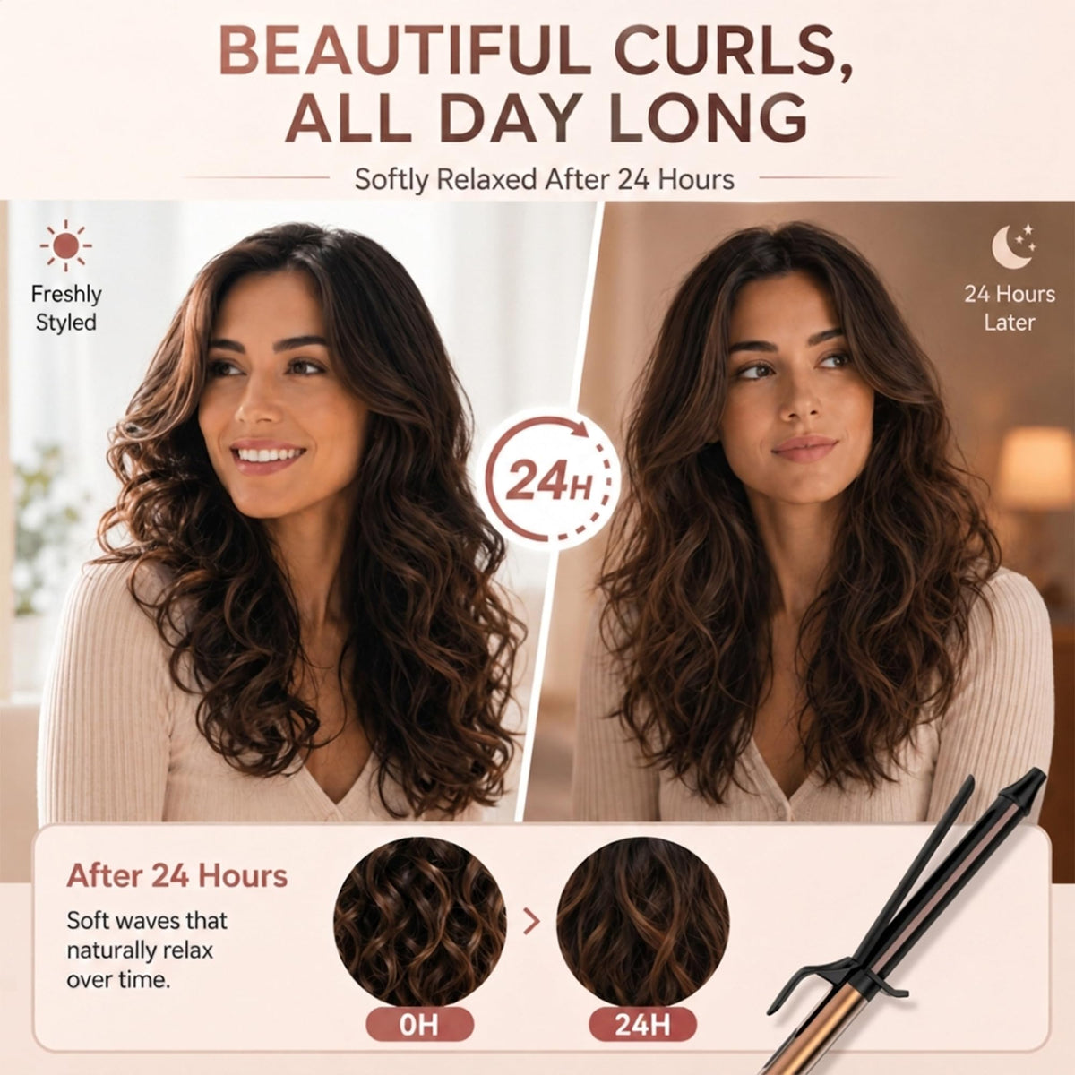 MESCOMB styling demo with long hair wrapped around barrel creating loose curls