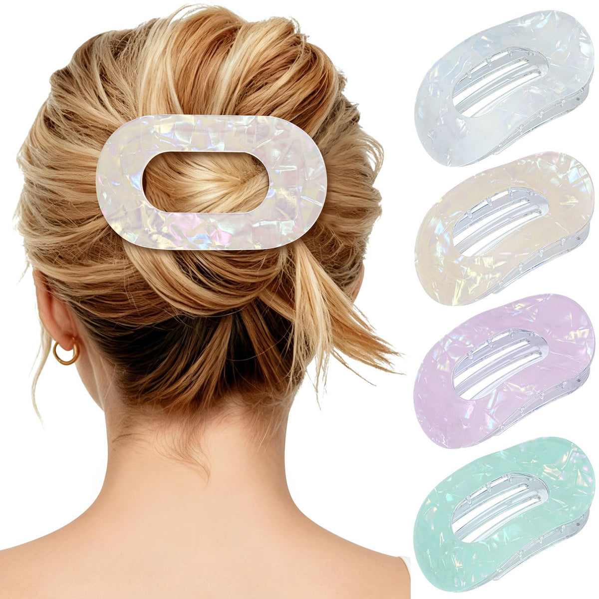 Mesovor front view of four mermaid-colored flat hair clips, stylish and functional