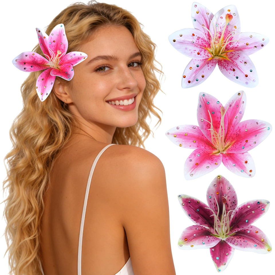 Mesovor front view of three pink lily clips showing vibrant tropical look and easy styling