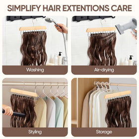 MetFun hanger loaded with clip-in extensions organized and tangle-free