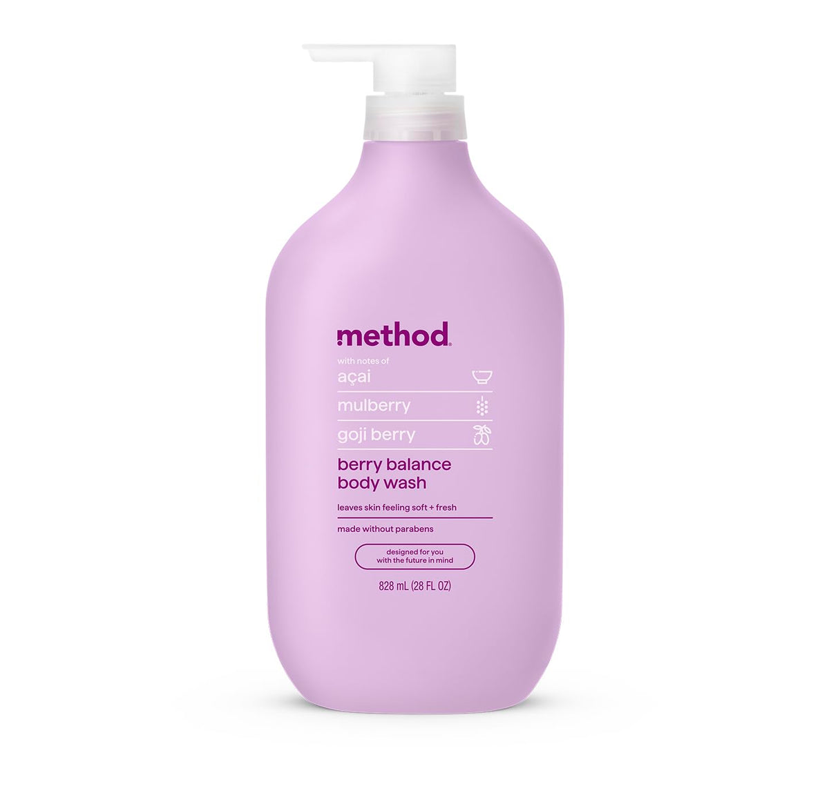 Method bottle front packaging shows berry scent and 28oz size, offering long-lasting supply