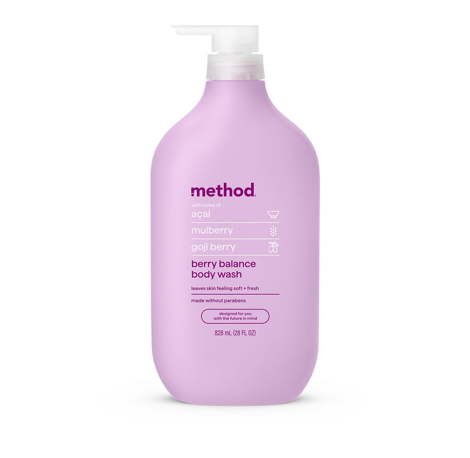 Method bottle front packaging shows berry scent and 28oz size, offering long-lasting supply
