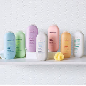 Method bottle staged in bathroom setting showing mood-lifting shower experience benefit