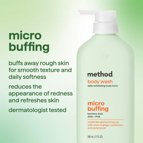 Method pump and label close-up highlighting gentle exfoliation benefit