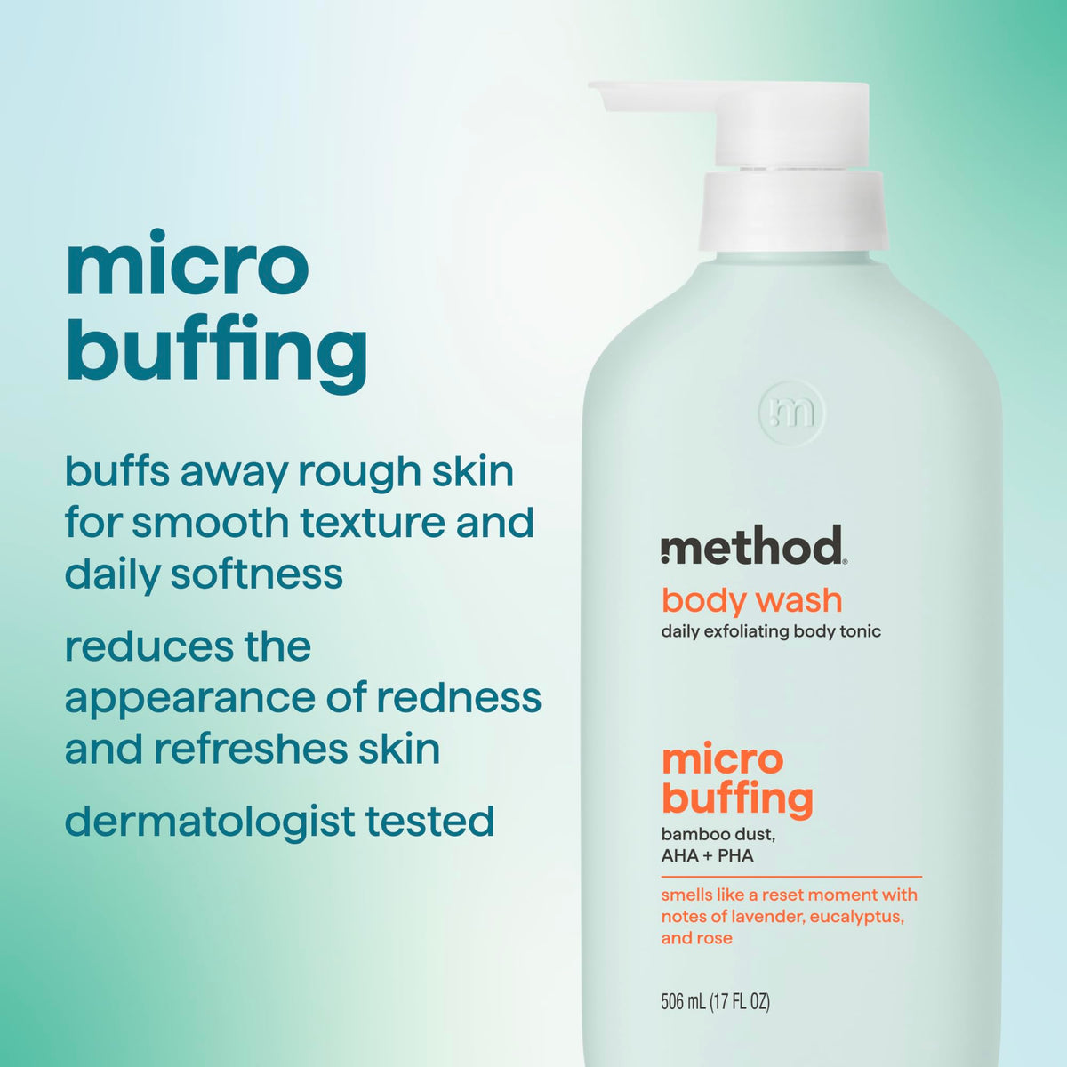 Method label close-up highlighting ingredient details and gentle exfoliation