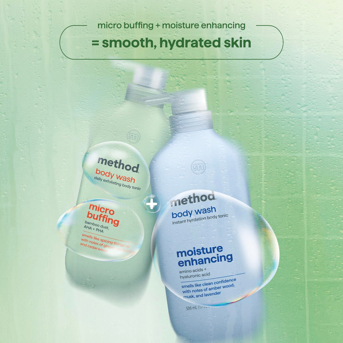 Method bottle next to hand to show true 17 fl oz size and scale benefit