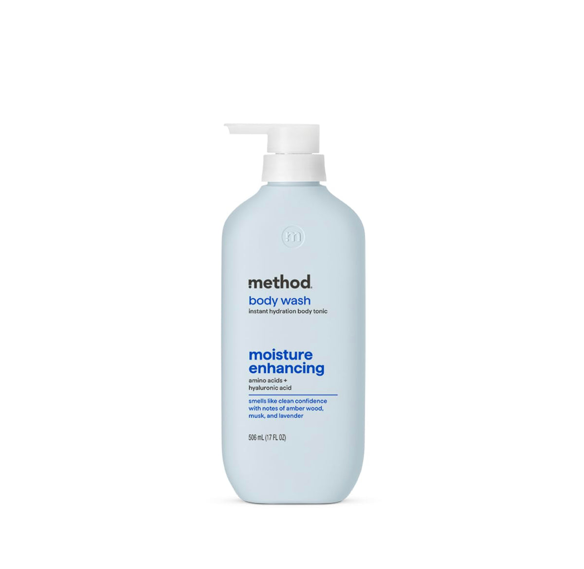 Method bottle front view showing label and scent, highlights gentle cleansing benefit