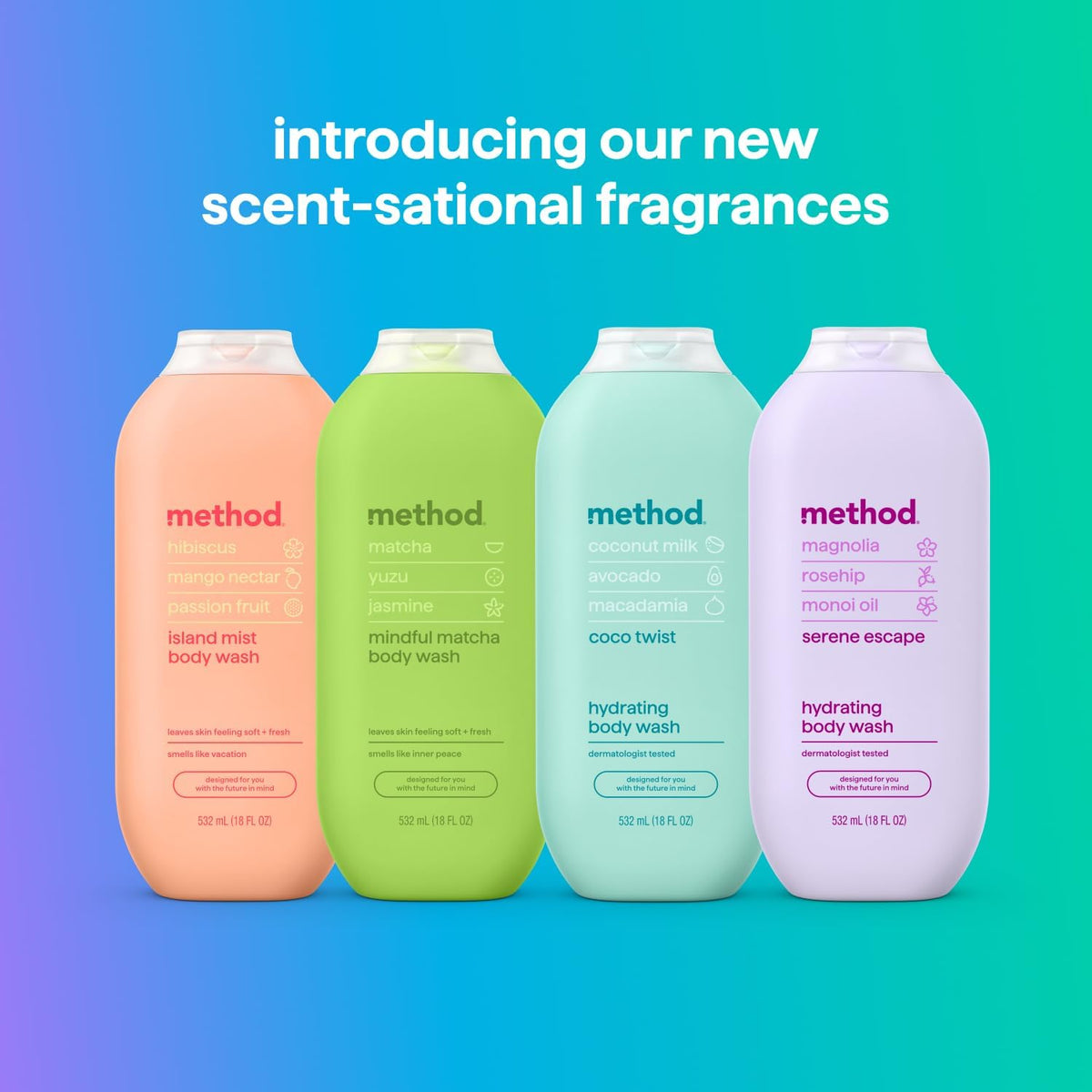 Method bottle with recycled plastic badge emphasizing eco benefit