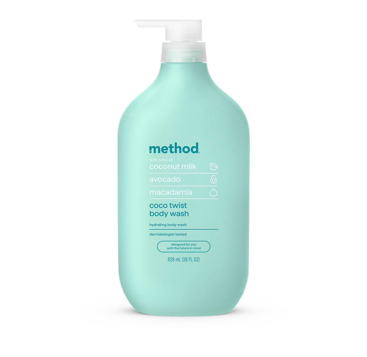 Method Coco Twist front packaging showing 28oz bottle and tropical labeling benefits hydration