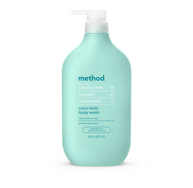 Method Coco Twist front packaging showing 28oz bottle and tropical labeling benefits hydration