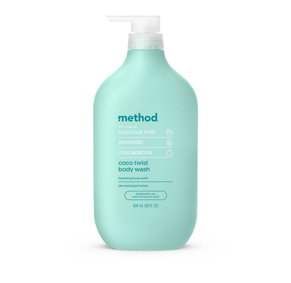 Method Coco Twist front packaging showing 28oz bottle and tropical labeling benefits hydration