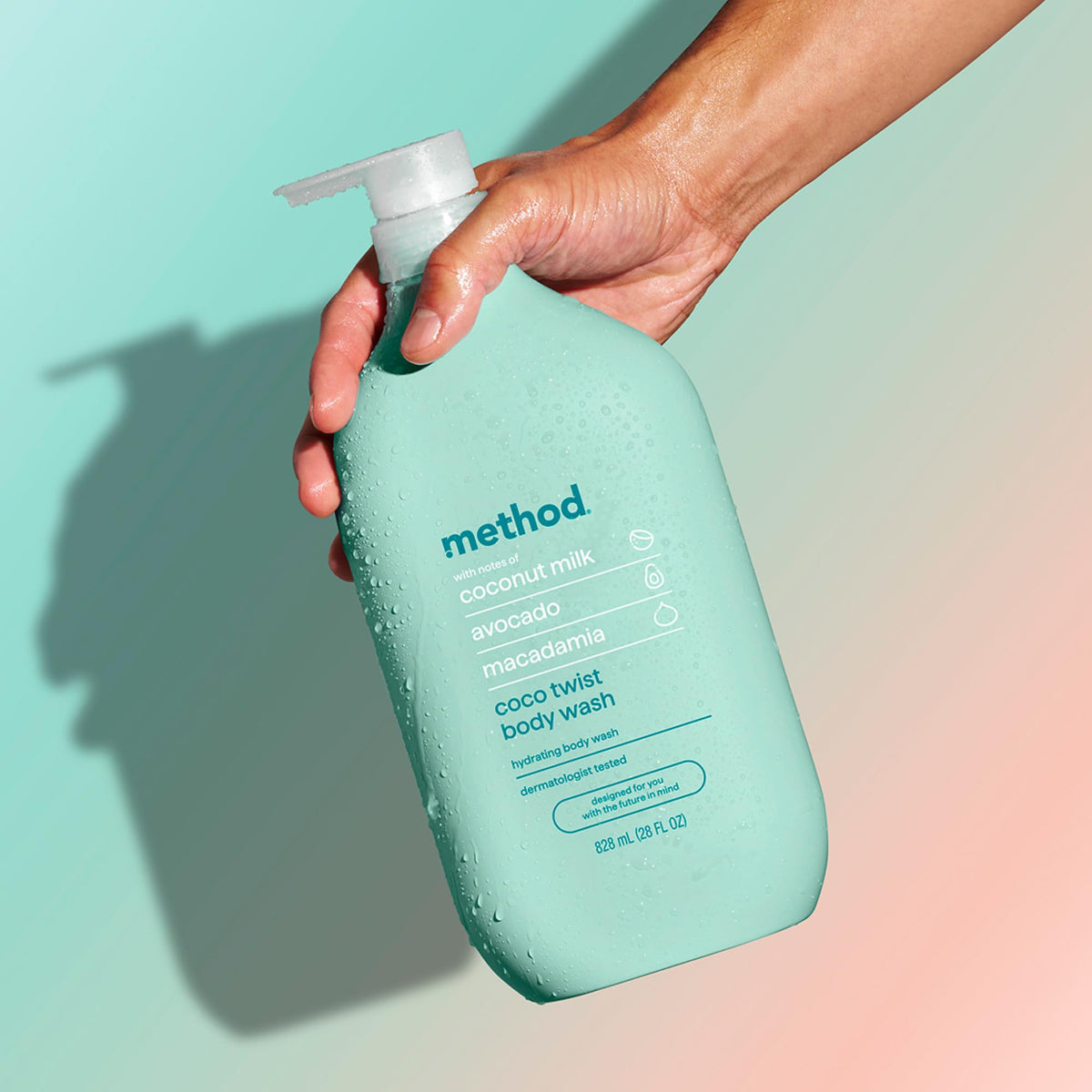 Method Coco Twist bottle badge showing 80% PCR recycled plastic supporting sustainable choices