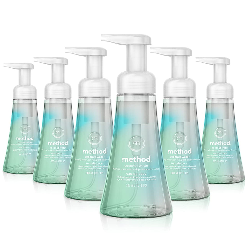 Method coconut water front packaging showing six bottles and clear labeling benefit