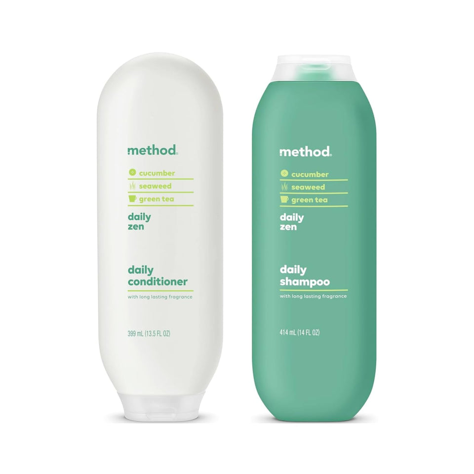 Method front packaging showing shampoo and conditioner for gentle daily care