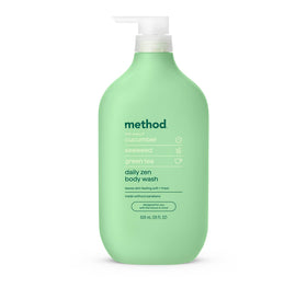 Method front packaging showing 28oz bottle and scent for refreshing showers