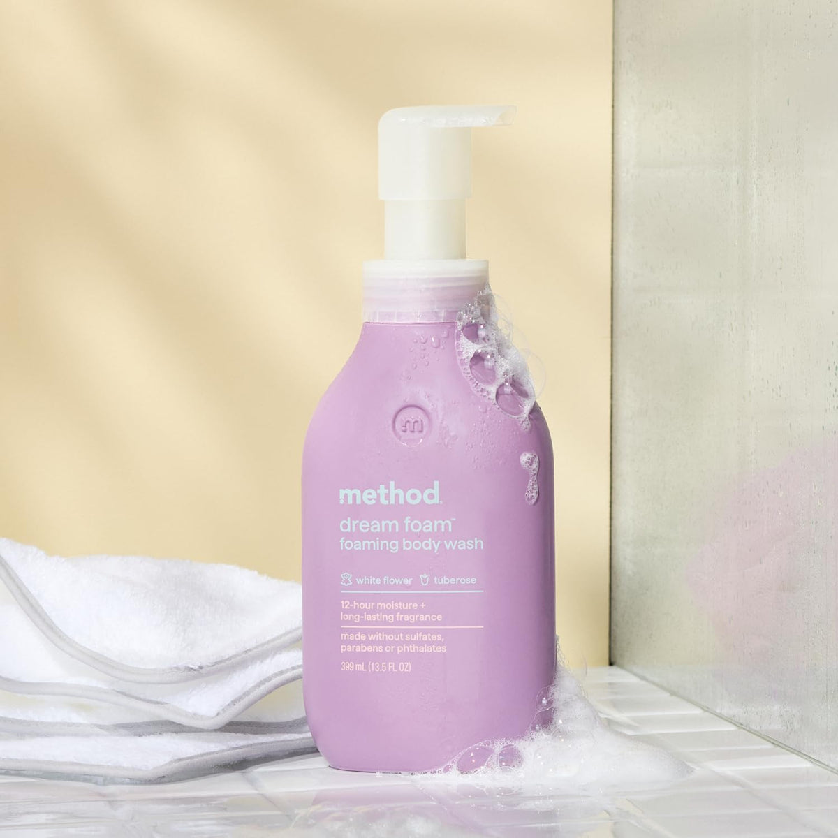 Method Dream Foam bottle recycled plastic badge emphasizing eco-friendly packaging