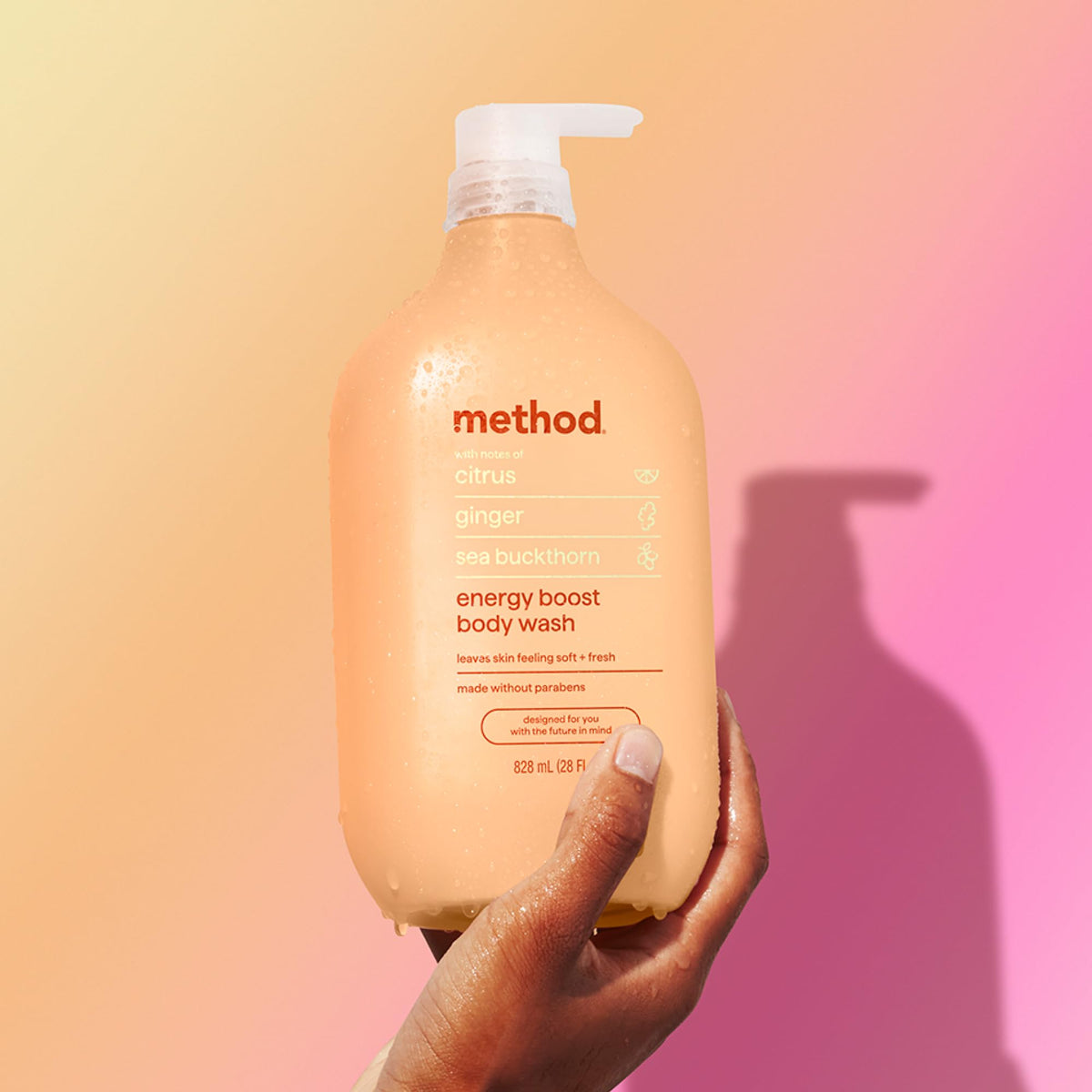 Method body wash in a shower setting conveying invigorating scent and bright mornings