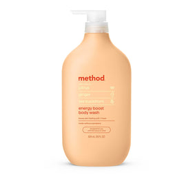 Method front packaging showing 28oz bottle and vibrant label, boosts shower energy