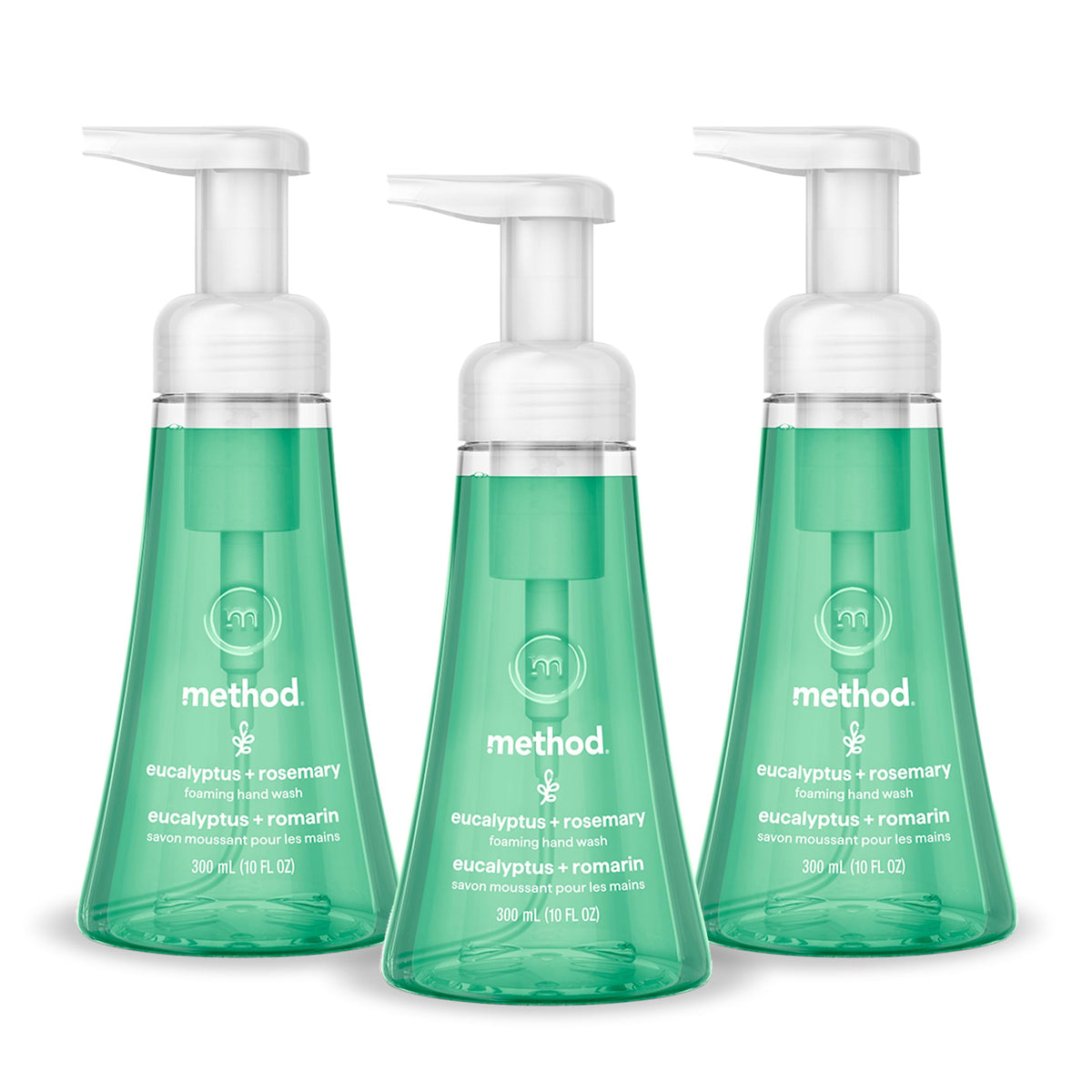Method foaming hand wash front packaging shows three 10 fl oz bottles and brand clarity