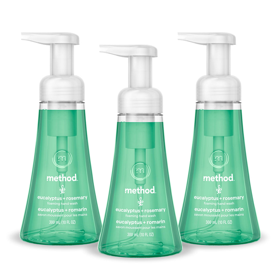 Method foaming hand wash front packaging shows three 10 fl oz bottles and brand clarity