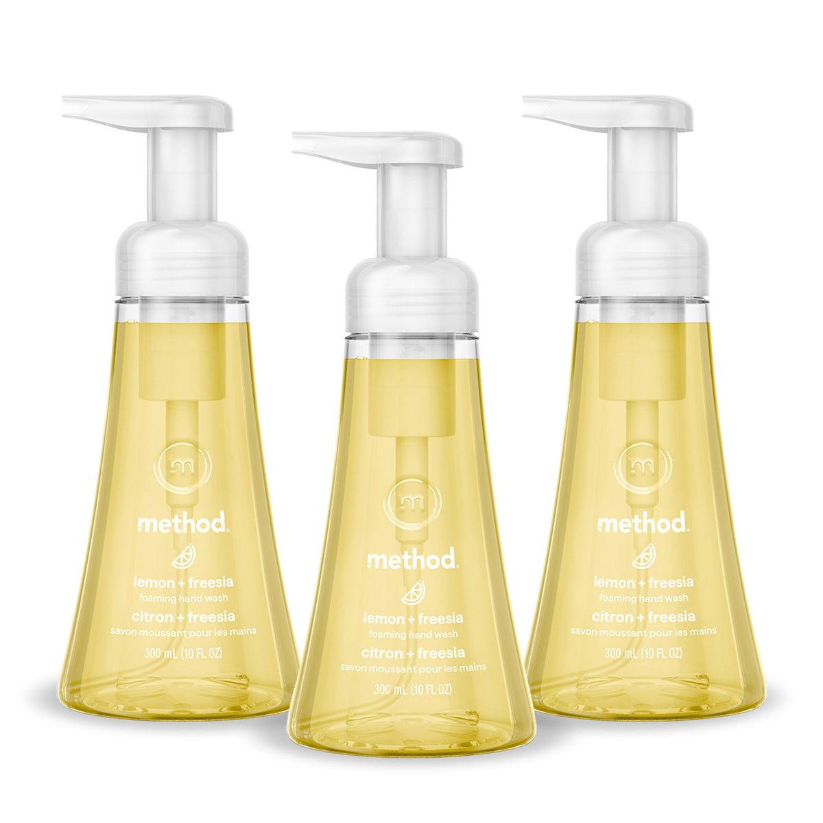 Method foaming hand wash front packaging showing three bottles and label freshness