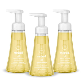 Method foaming hand wash front packaging showing three bottles and label freshness