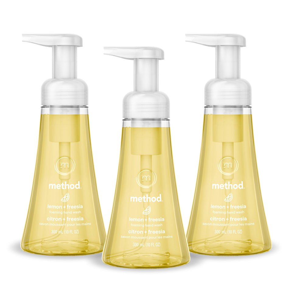 Method foaming hand wash front packaging showing three bottles and label freshness