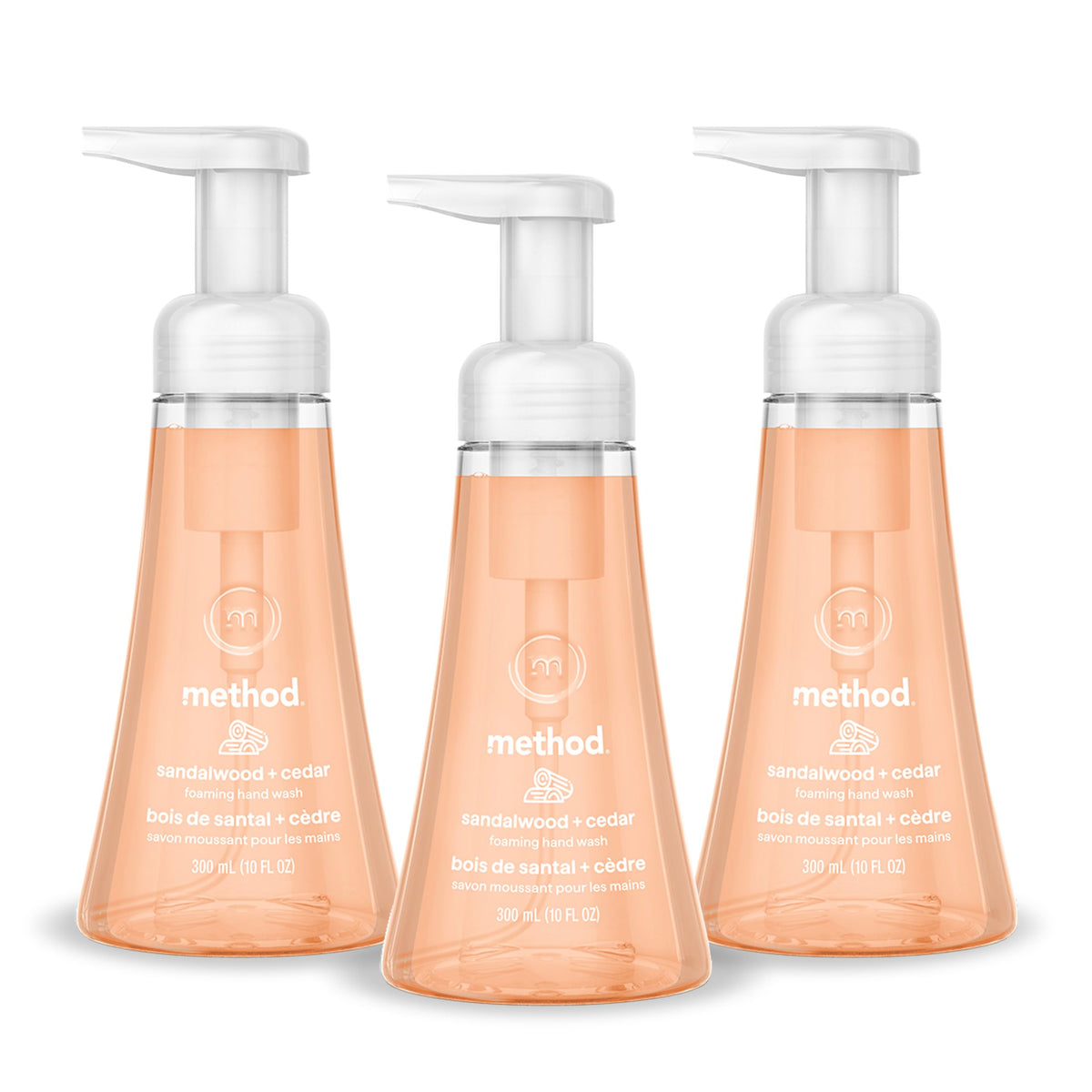 Method front packaging three-pack showing bottles and label, highlighting eco packaging benefit