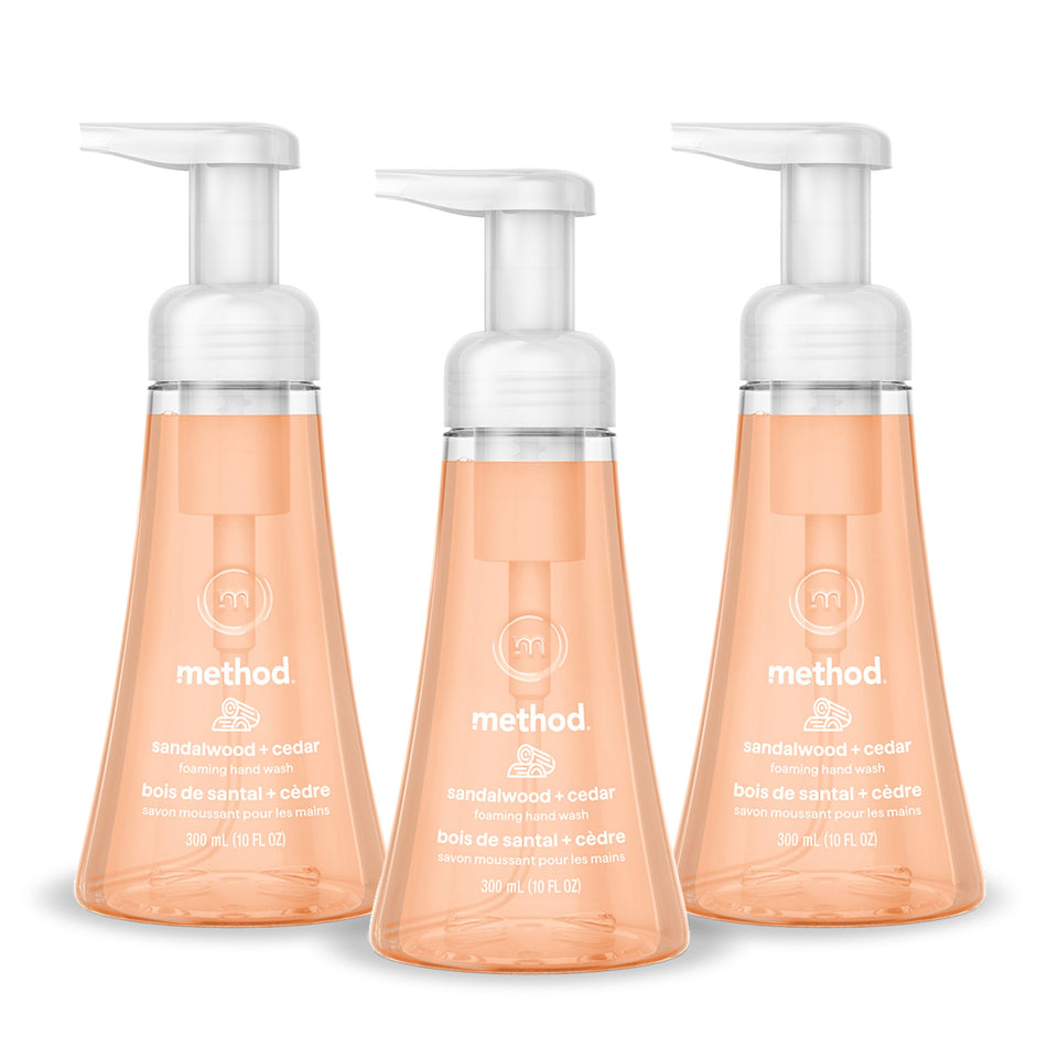Method front packaging three-pack showing bottles and label, highlighting eco packaging benefit
