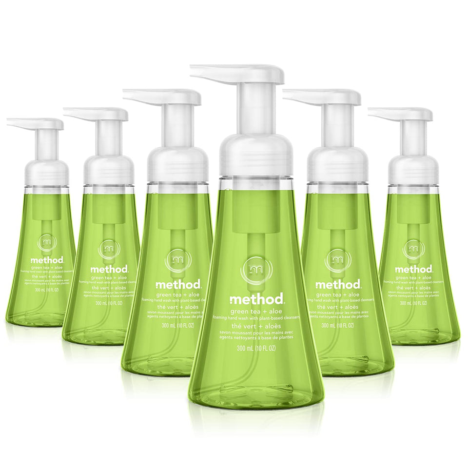 Method Green Tea + Aloe front packaging showing six 10 fl oz bottles and benefits