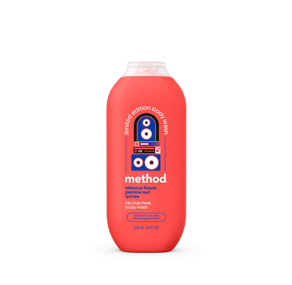 Method Hip Hop Heat front label showing hibiscus, jasmine leaf and lychee scent and benefits
