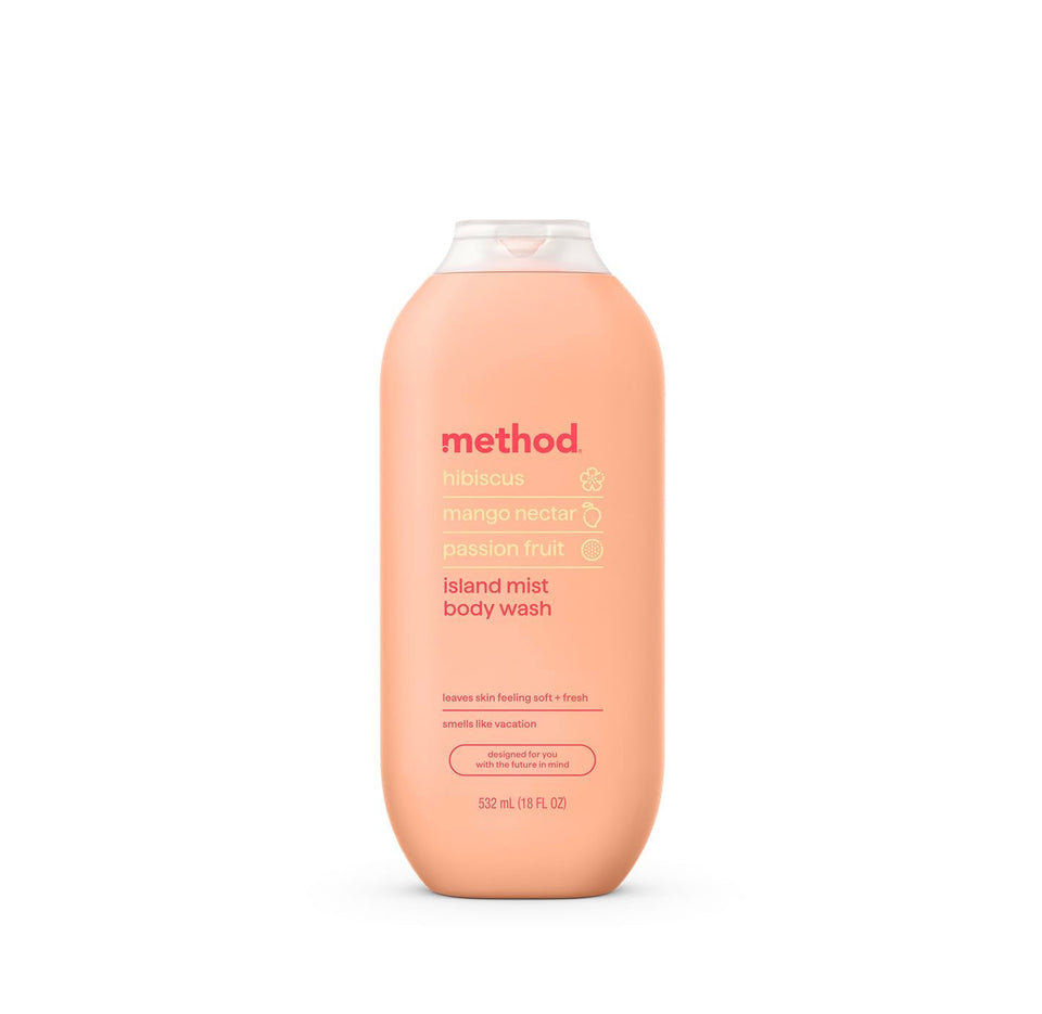 Method front label showing Island Mist scent and 18 oz size for clear choice