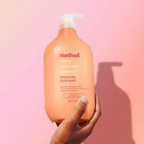 Method bottle next to towel showing 28oz size and lasting supply