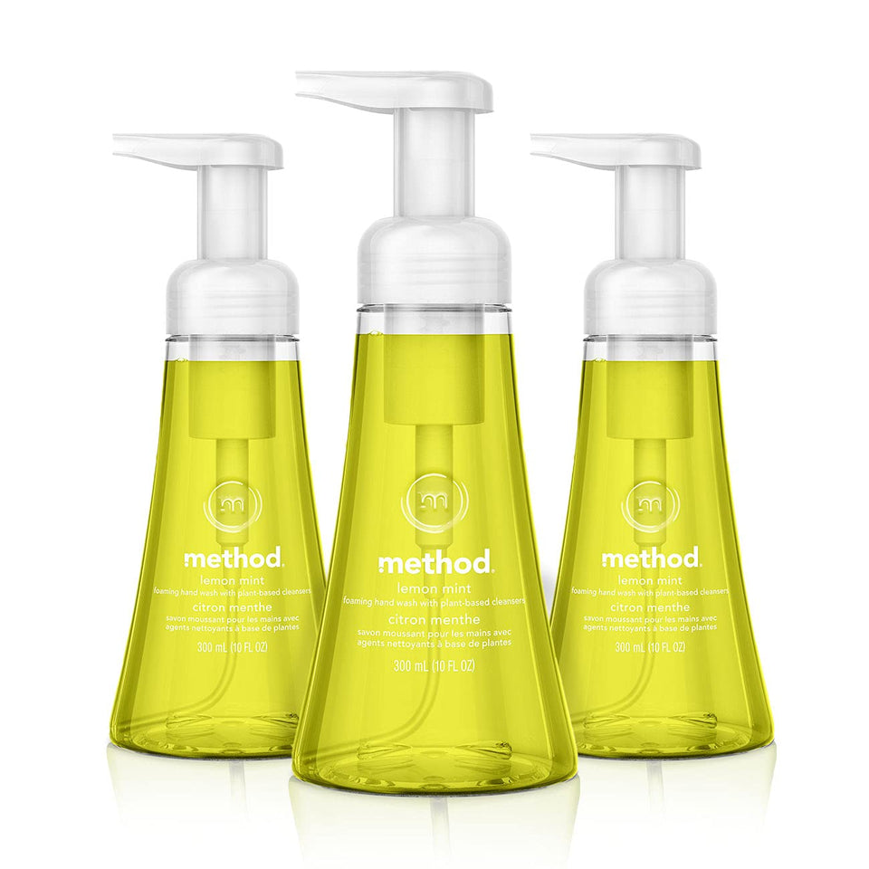 Method front packaging showing three lemon mint foaming bottles and clear labeling benefit