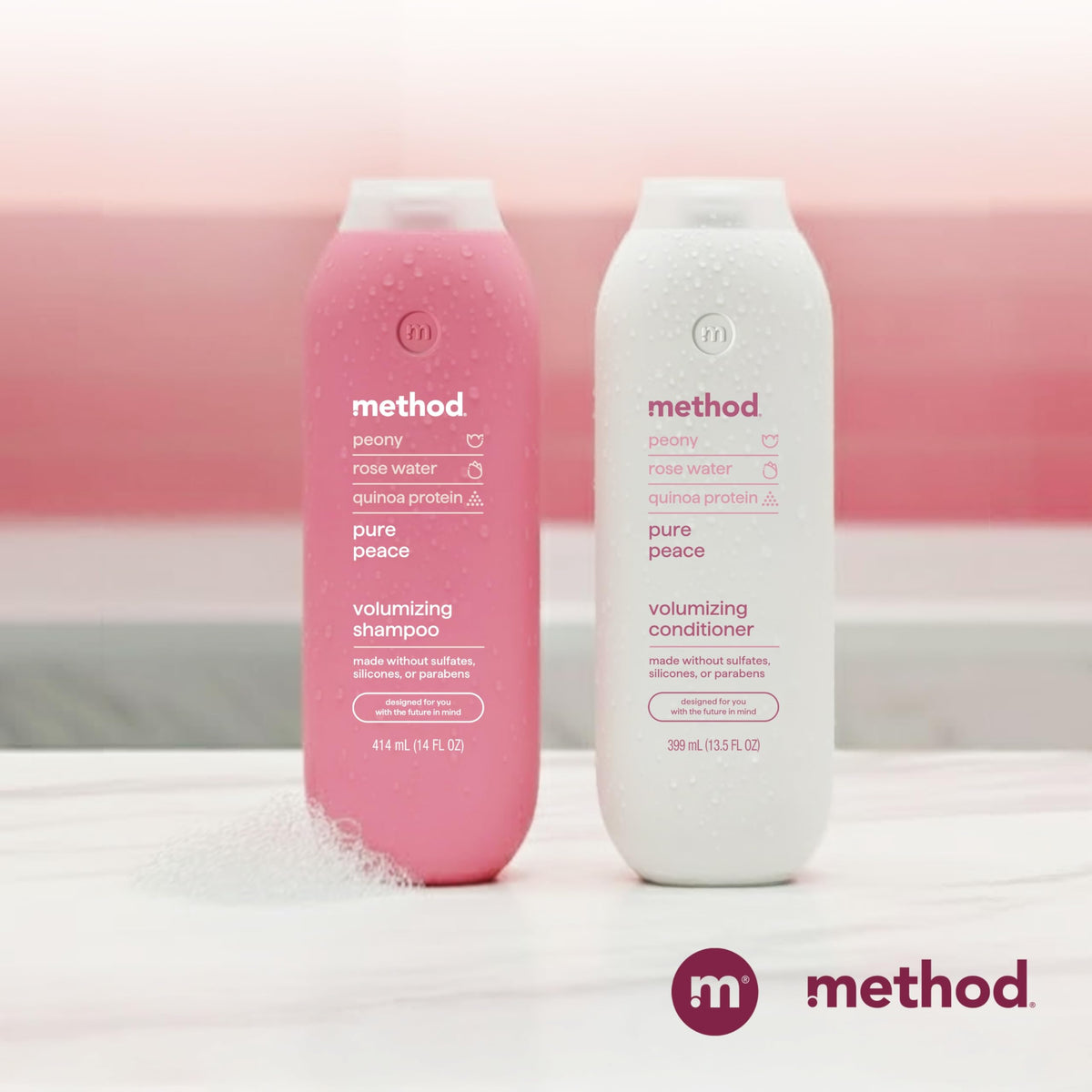 Method lifestyle bathroom display with bottle staged to suggest calming Pure Peace scent