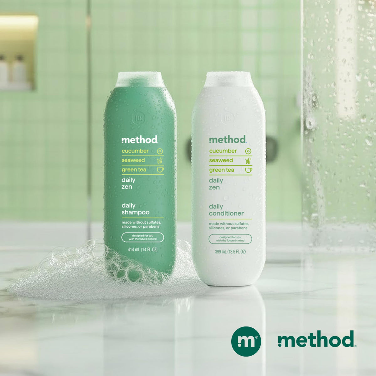 Method bottle on bathroom shelf evoking calming spa-like shower benefit