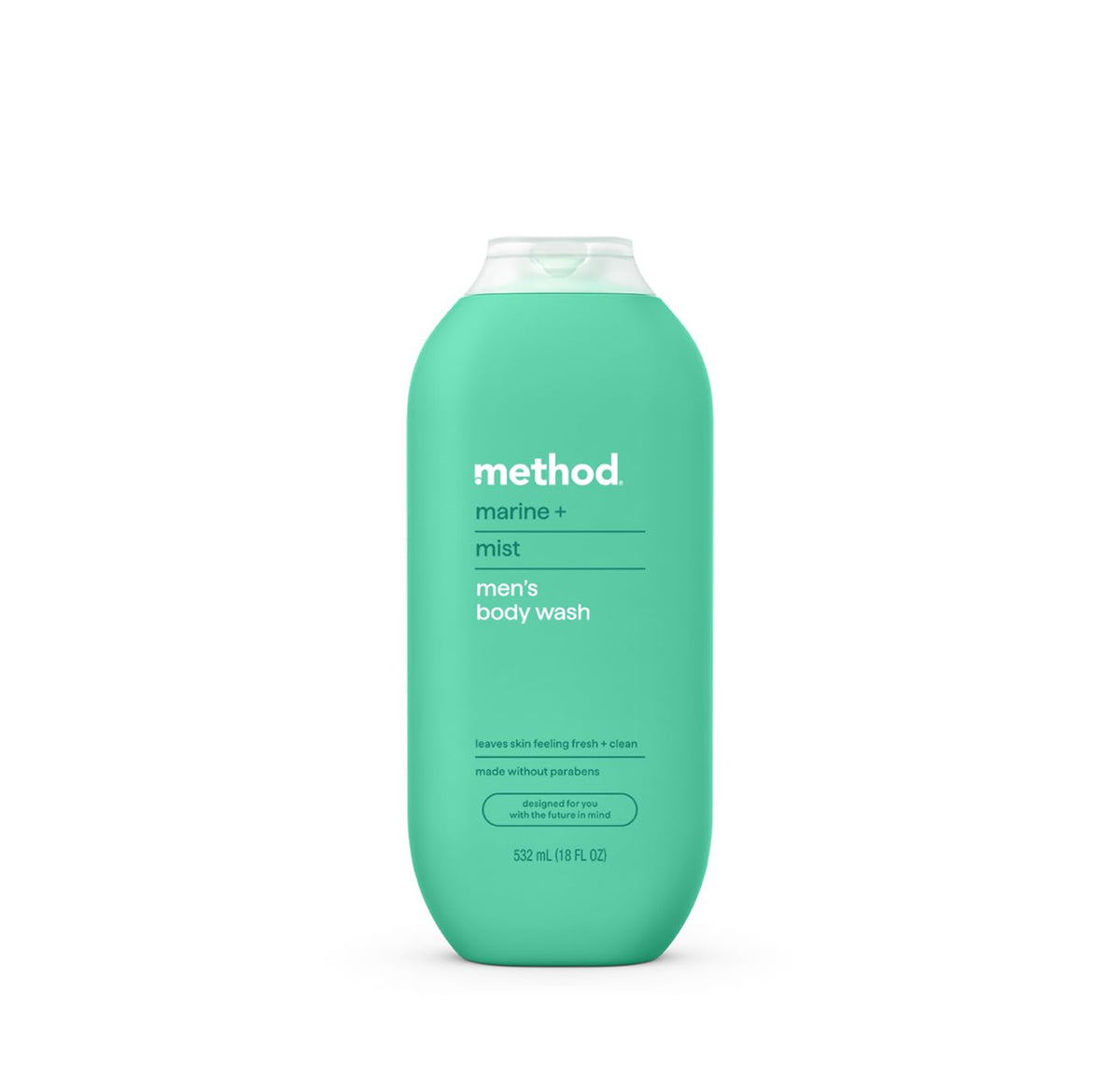 Method Marine + Mist front bottle view showing label and recycled-plastic message, highlights clean scent