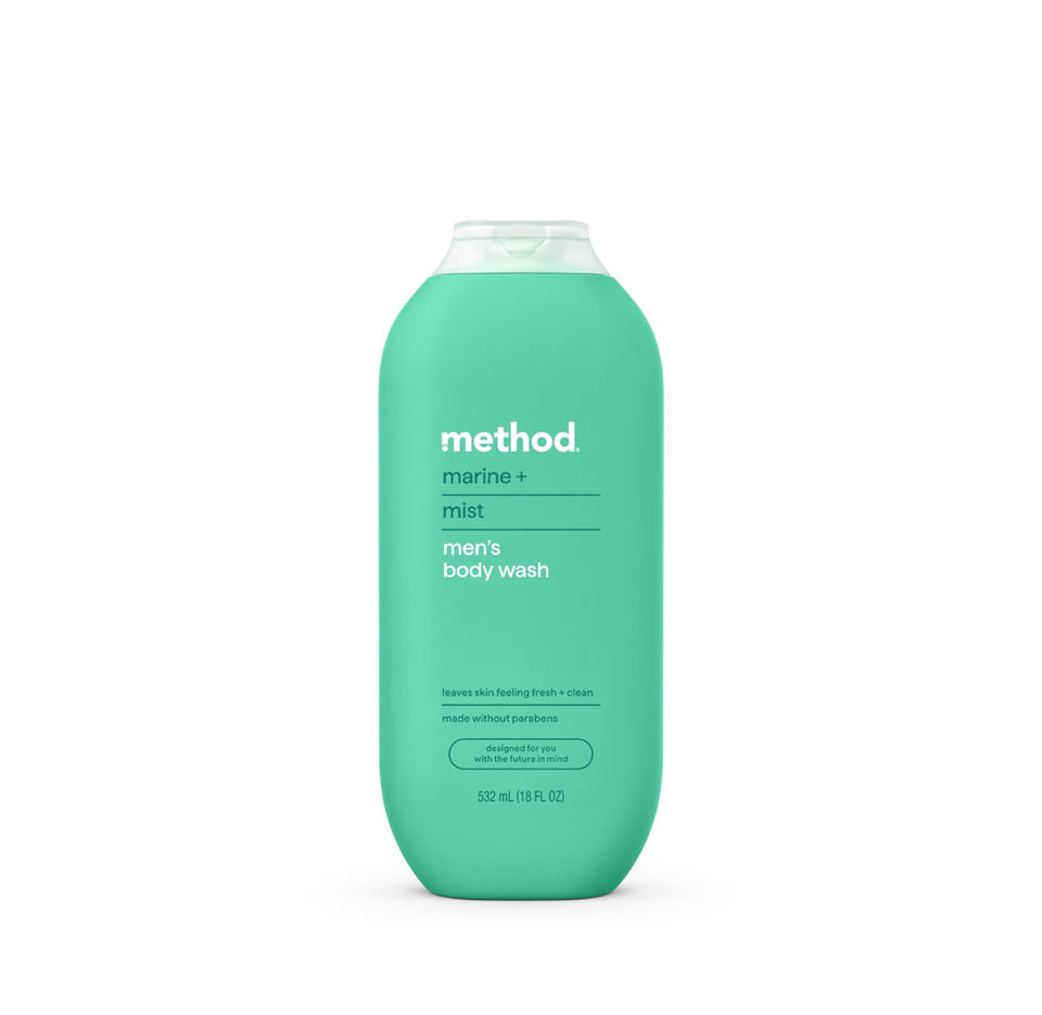 Method Marine + Mist front bottle view showing label and recycled-plastic message, highlights clean scent