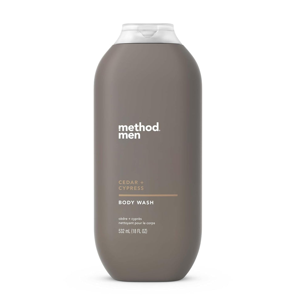 Method bottle front packaging showing cedar and cypress scent and benefit of refreshing clean