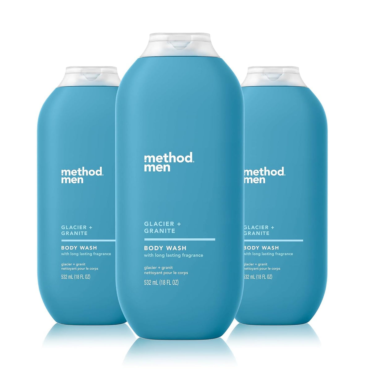 Method bottle front packaging showing Glacier and Granite scent and benefits