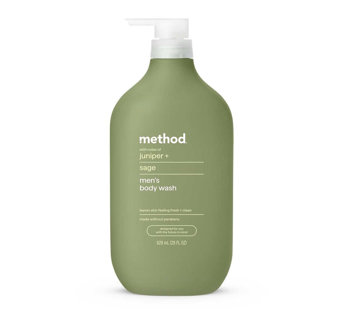 Method bottle front packaging showing juniper and sage scent and benefit