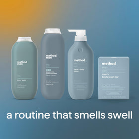 Method body wash on bathroom shelf styled for a fresh morning routine