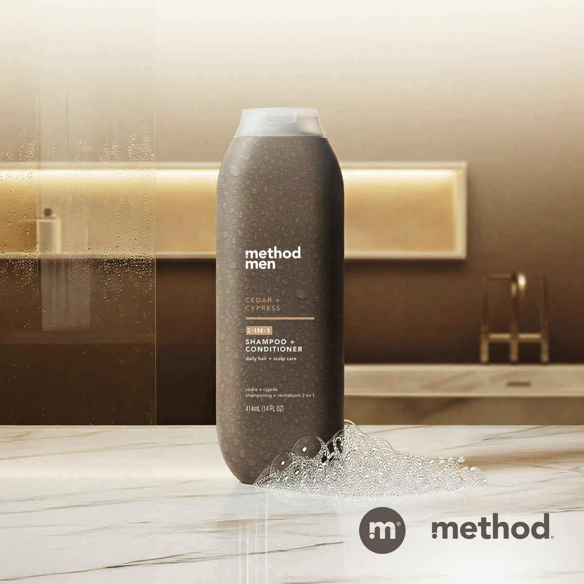 Method Men bottle in outdoor setting evoking cedar cypress scent benefit