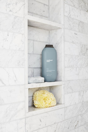 Method bottle beside a razor showing 18 fl oz size and lasting value