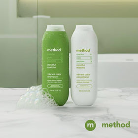 Method on bathroom shelf styled scene showing everyday mindful routine