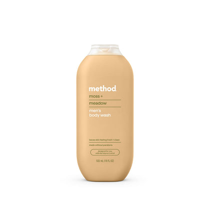 Method bottle front packaging showing mossy scent and 18 oz sizing benefit